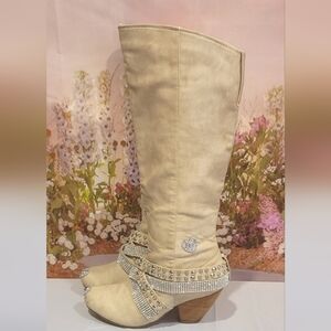 Knee High Distressed Crystal Embellished Heeled Boots from Buckle